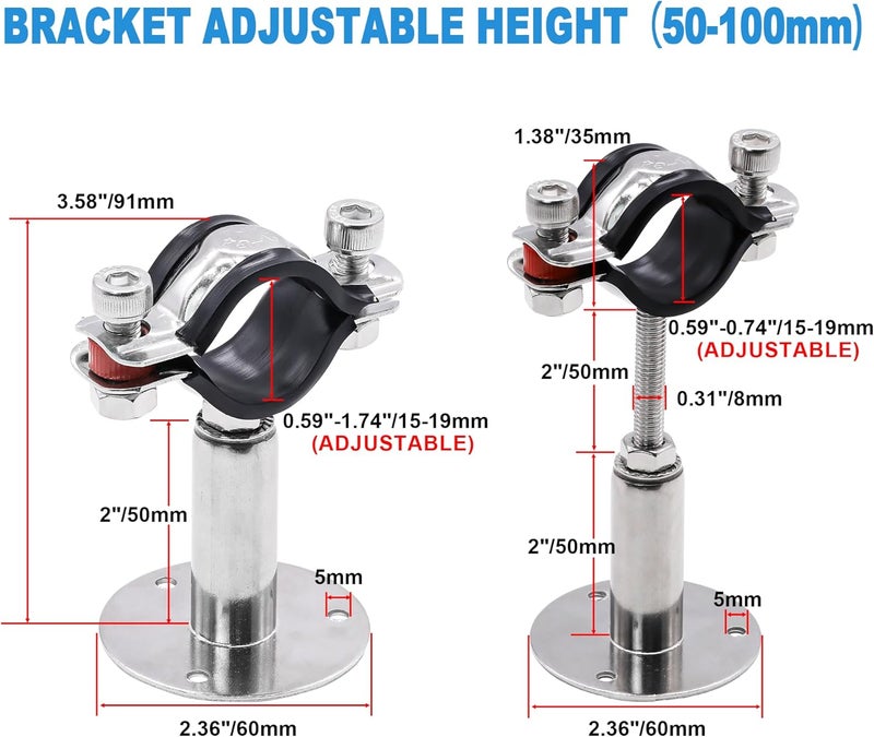 PEROMI 2 Pack Pipe Supports,304 Stainless Steel Wall Mount Ceiling Mount Pipe Bracket Clamp Ring Hanger with Screws for Pipe OD 15-19mm, Bracket Adjustable Height 50-100mm - Image 2